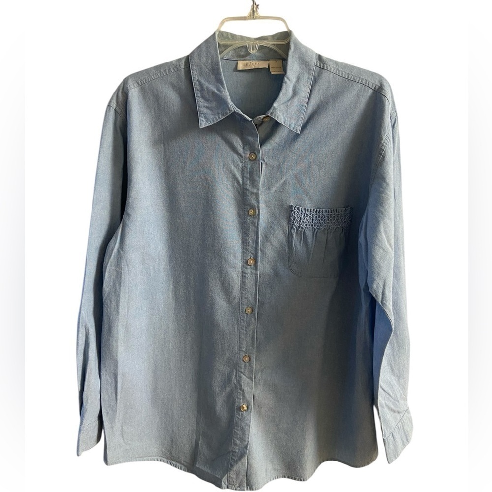 J Jill Light Blue Button Front Shirt Long Sleeve Medium Cotton Vintage